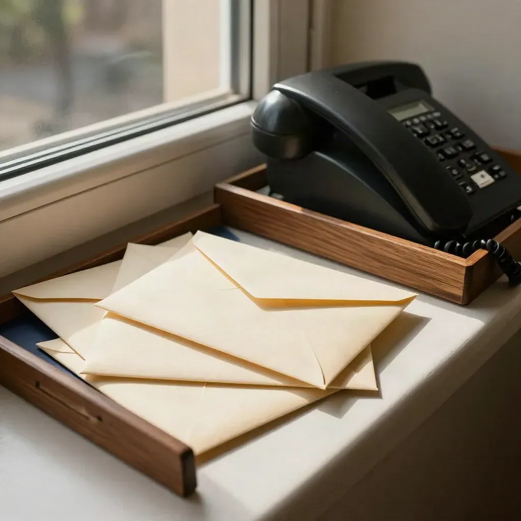 Vier gesloten enveloppen, een zwarte telefoon en een houten sorteerbak op een matte vensterbank.