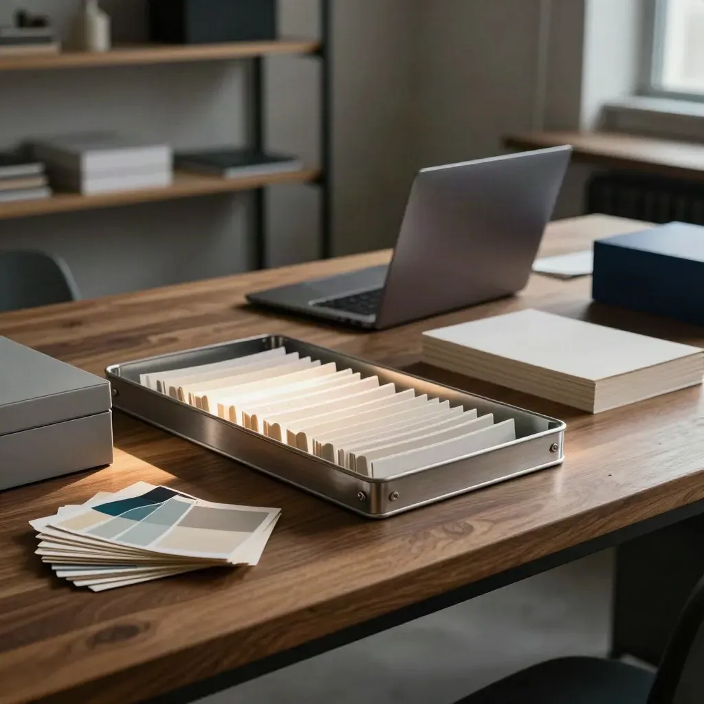 Stille creatieve studio met laptop, sorteerlade, kleurstalen en archiefdoos in schuin licht.
