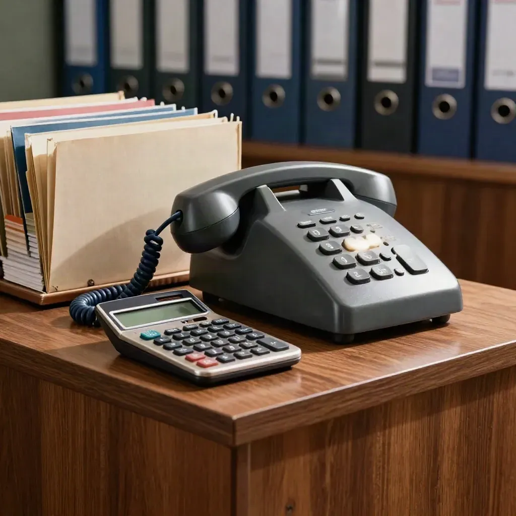 Analoge bureautelefoon, rekenmachine en gekleurde dossiermappen op een walnoot kast.