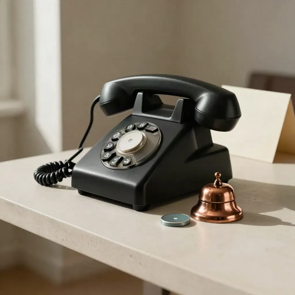 Matzwarte telefoonbasis met losse hoorn, koperen belaccent en zachte teal-reflectie