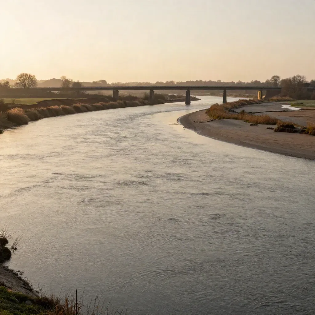Brug boven rivierbocht in Brabant en Gelderland bij gouden uur, met rustige ruimte voor tekst