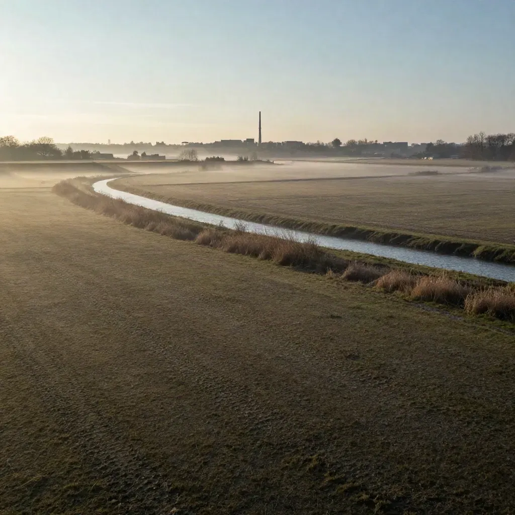 Utrecht en Flevoland bij ochtendmist, met torens in de verte en een rustige poldervlakte